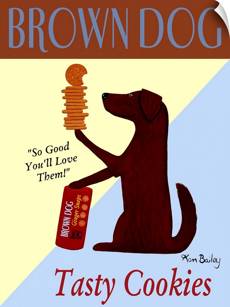 Portrait artwork on a large wall hanging of an advertisement for Brown Dog Tasty Cookies.  A brown dog sits upright while ...