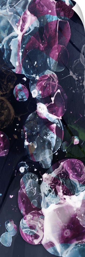 A contemporary abstract painting of bubble clusters in dark colors and swirling textures.