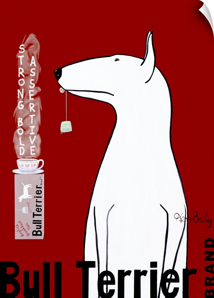 Wall art of a bull terrier holding a tea bag in his mouth looking at a tea cup full of steaming water.