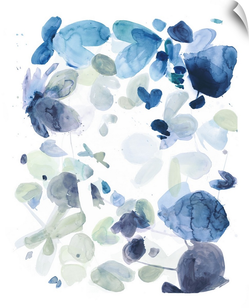 Watercolor painting of in shades of blue on white.