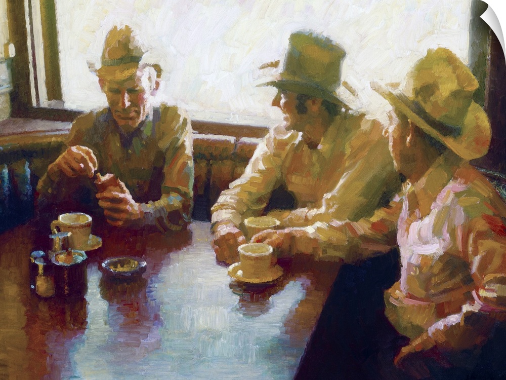 A contemporary painting of three cowboys sitting at a table in a diner.