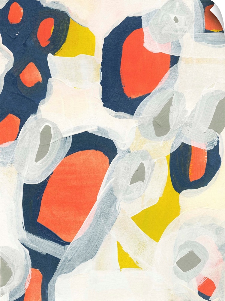 Contemporary abstract painting using colorful shapes and contrasting paint strokes of white.