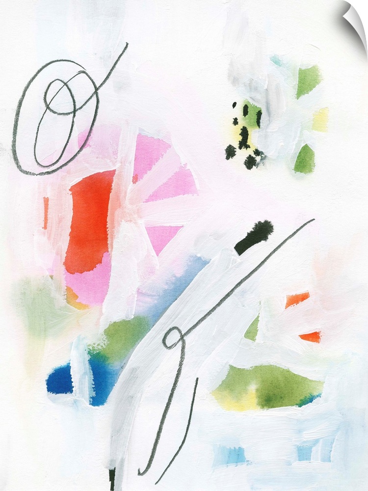 Contemporary abstract painting using colorful shapes and contrasting paint strokes of white.