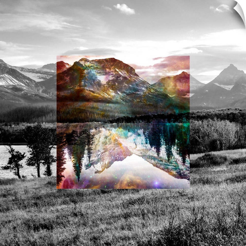 Black and white landscape with a square of rainbow color in the center.
