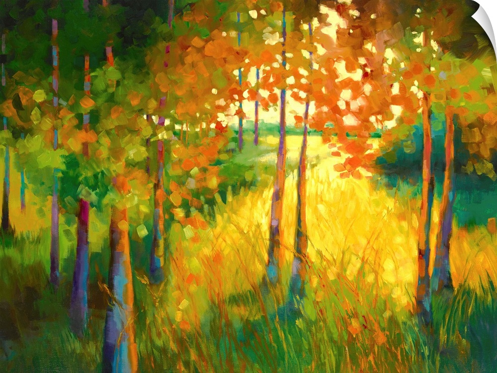 Contemporary abstract painting of a colorful landscape with Autumn trees.