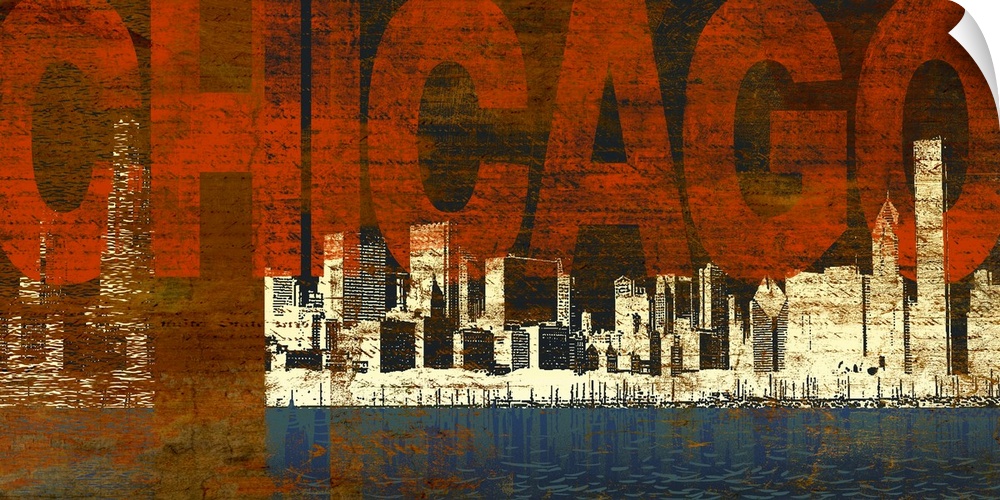 Panoramic abstract painting of a cityscape on a waterfront with large text in the sky on a grungy background.