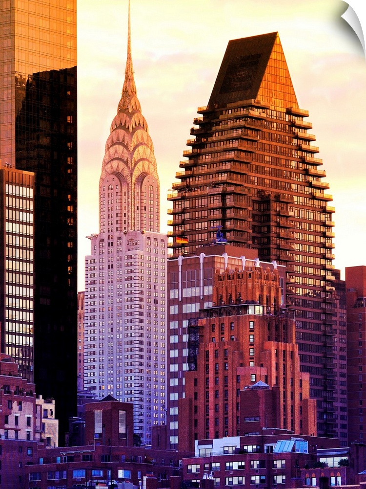Vividly colored photograph of the Chrysler building and other skyscrapers in New York City.