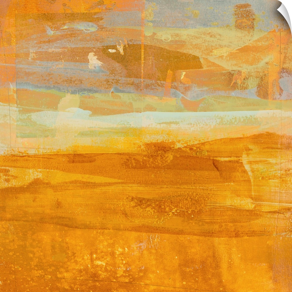 Square abstract painting with layering  brushstrokes in shades of orange, yellow, white, and grey and faint pencil lines u...