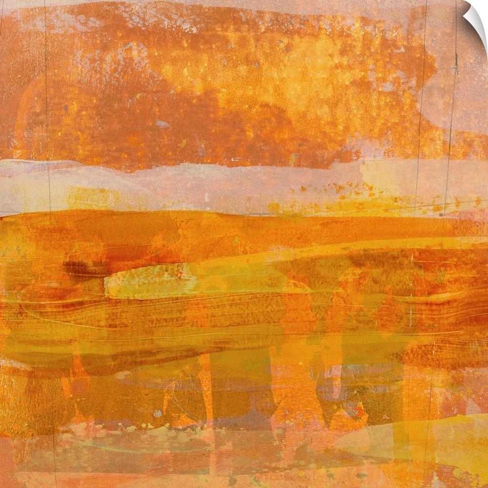 Square abstract painting with layering  brushstrokes in shades of orange, yellow, white, and grey and faint pencil lines u...