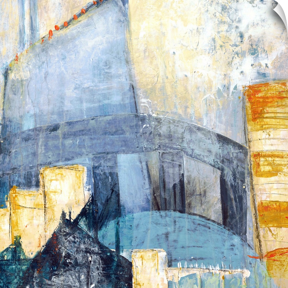 Square abstract painting of a cityscape using shades of blue, yellow, orange, and grey.