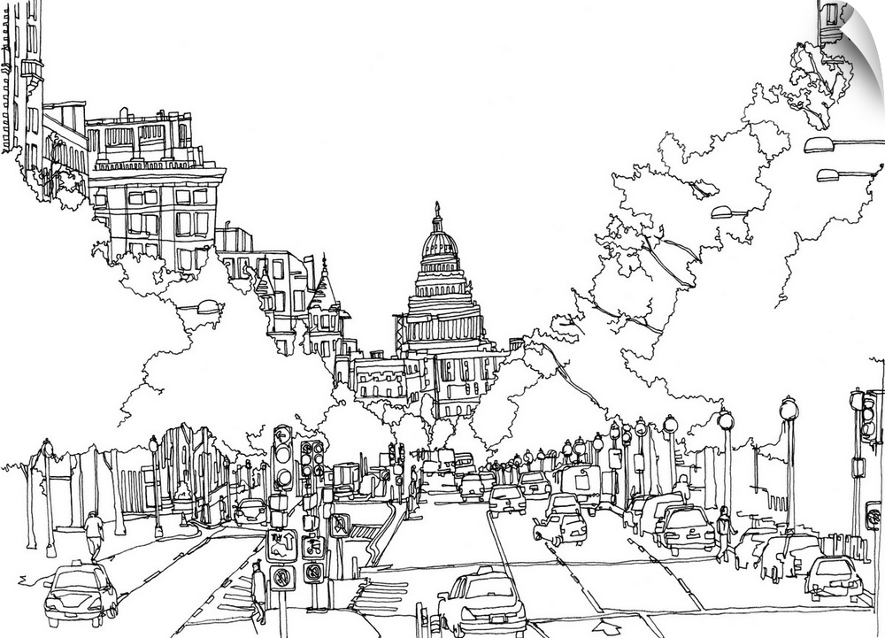 Black and white cityscape illustration of Washington DC.