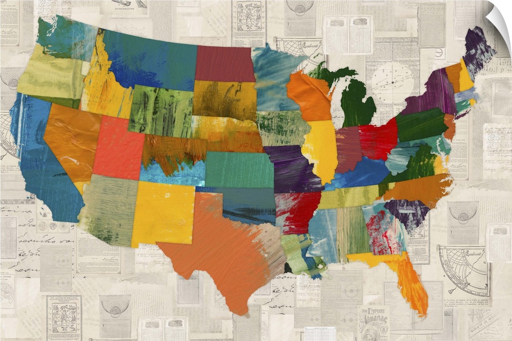 A map of the United States with each state in a different pattern and color.