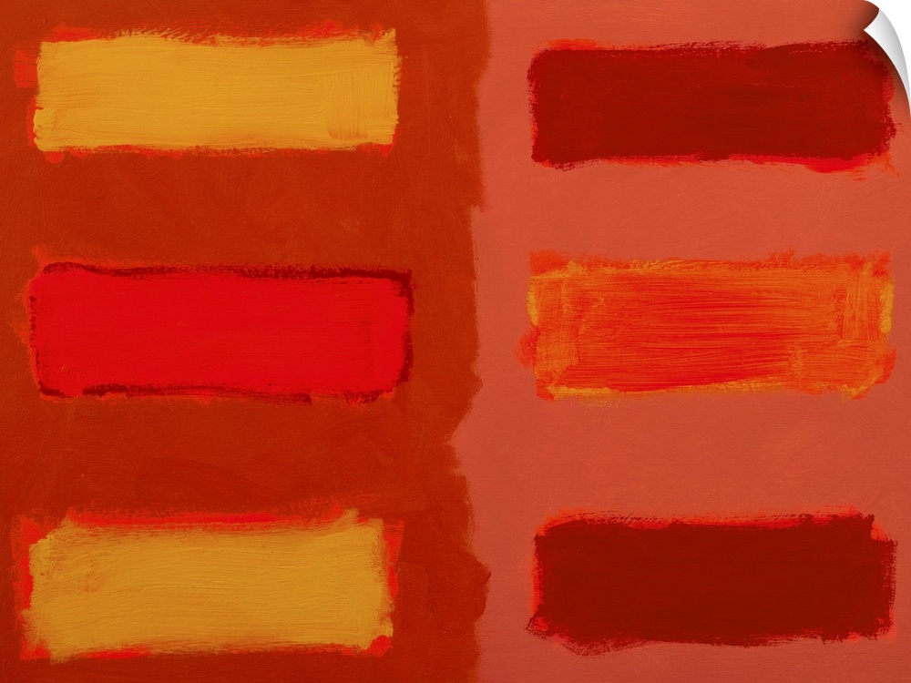Abstract painting in shades of red and orange, with horizontal bands.