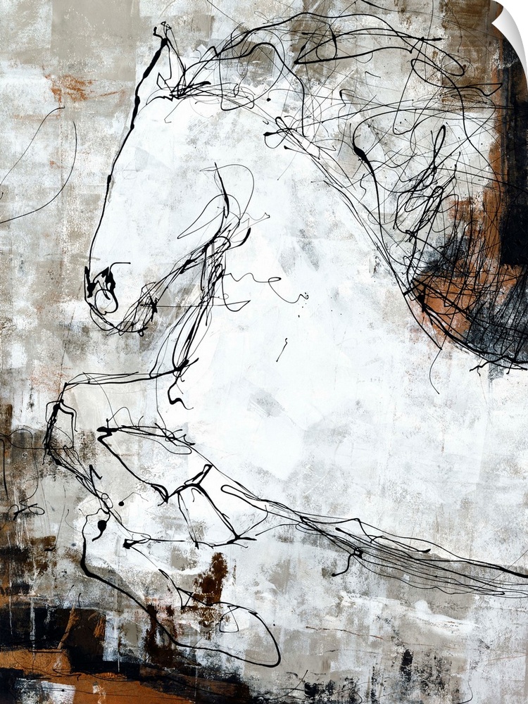 Contemporary abstract painting of a white horse created with black scribbled lines on a brown, white, grey,  and black bac...