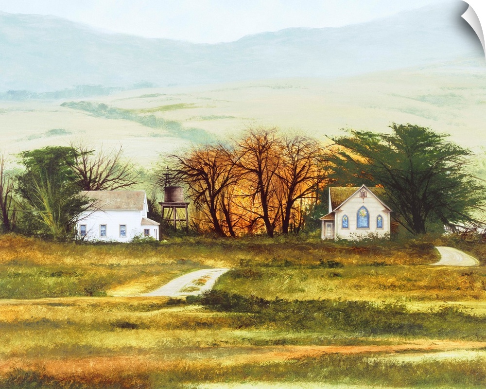 Contemporary landscape painting of a countryside church and house with rolling hills in the background.