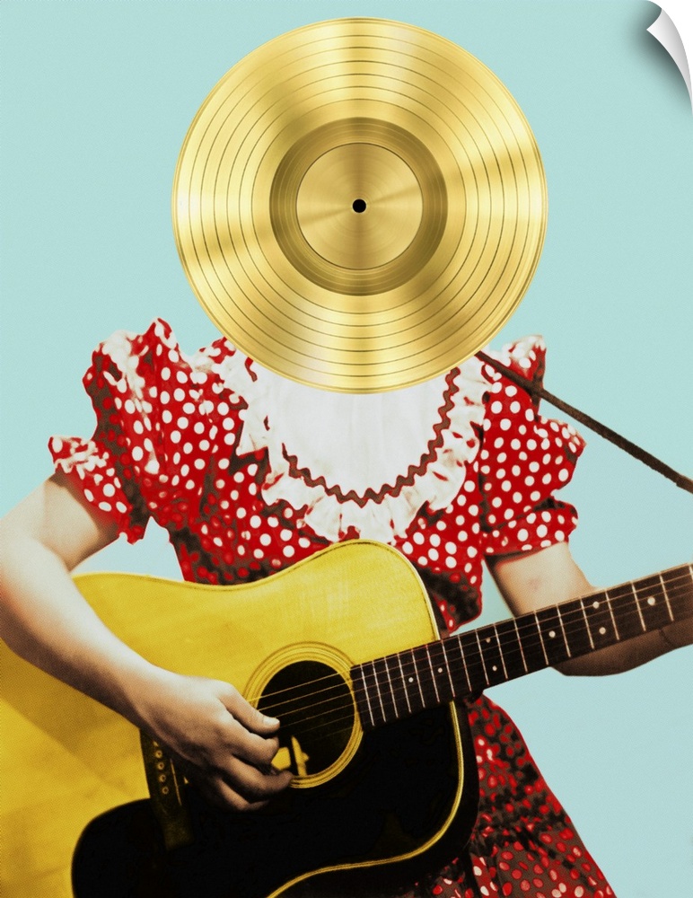 Illustration of a woman wearing a red and white polka dot dress playing the guitar with a gold vinyl record for her face, ...