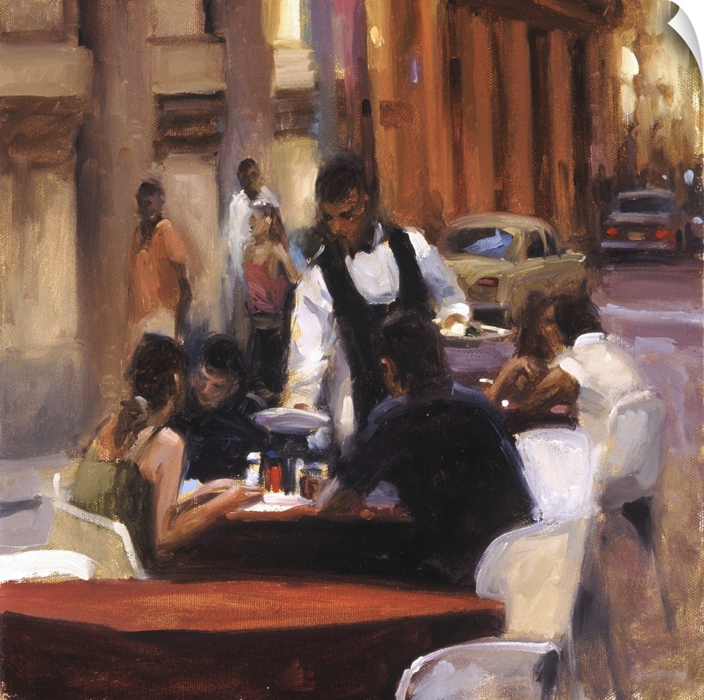 Painting of a couple dining outdoors with a waiter serving food.