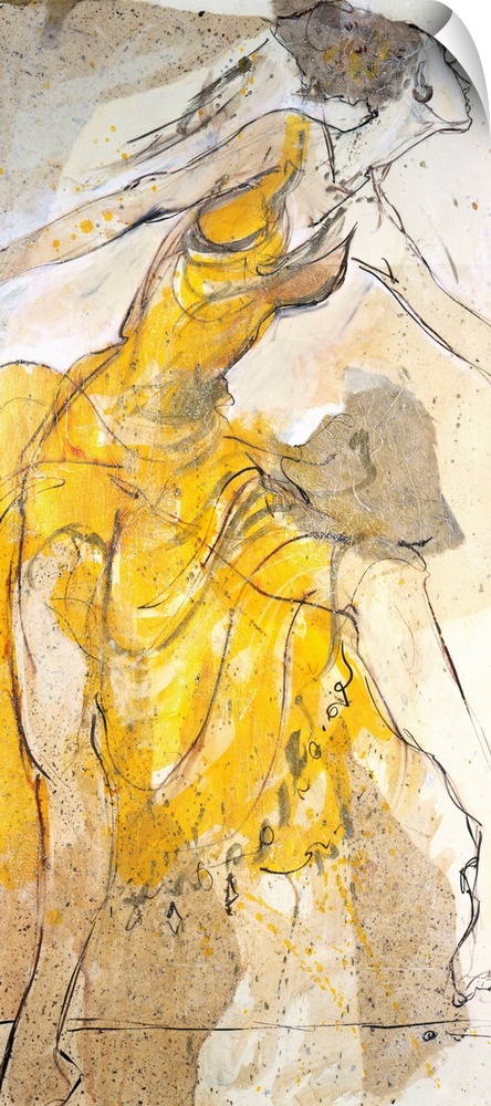 Tall and narrow painting on canvas of a woman dancing.