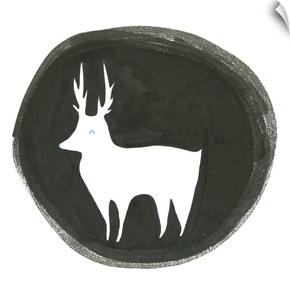 A reindeer outlined with a black watercolor circle.