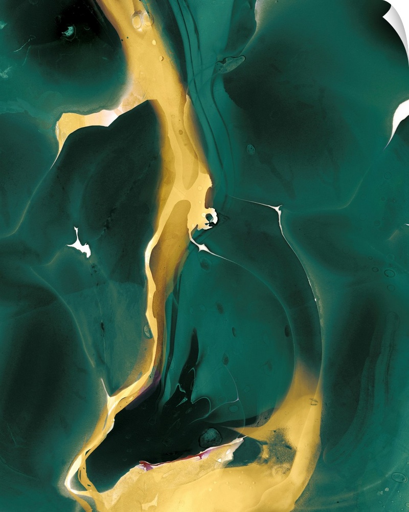 A contemporary abstract painting using dark green tones and hints of golden yellow.