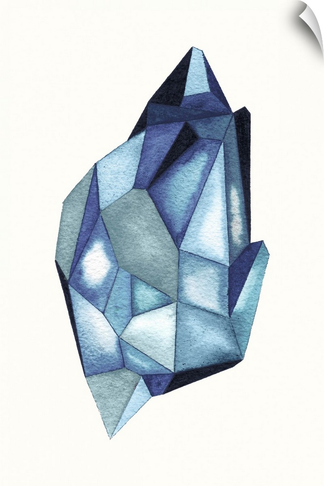A contemporary abstract watercolor painting of an azure blue colored crystal-like shape.