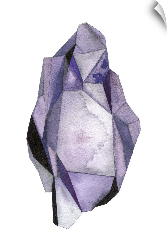 A contemporary abstract watercolor painting of an amethyst colored crystal-like shape.