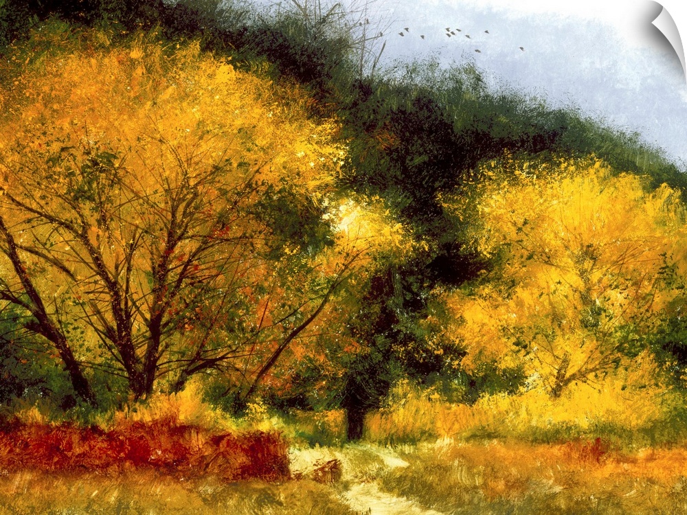 Contemporary painting of a Fall landscape with colorful trees and a path leading into the woods.