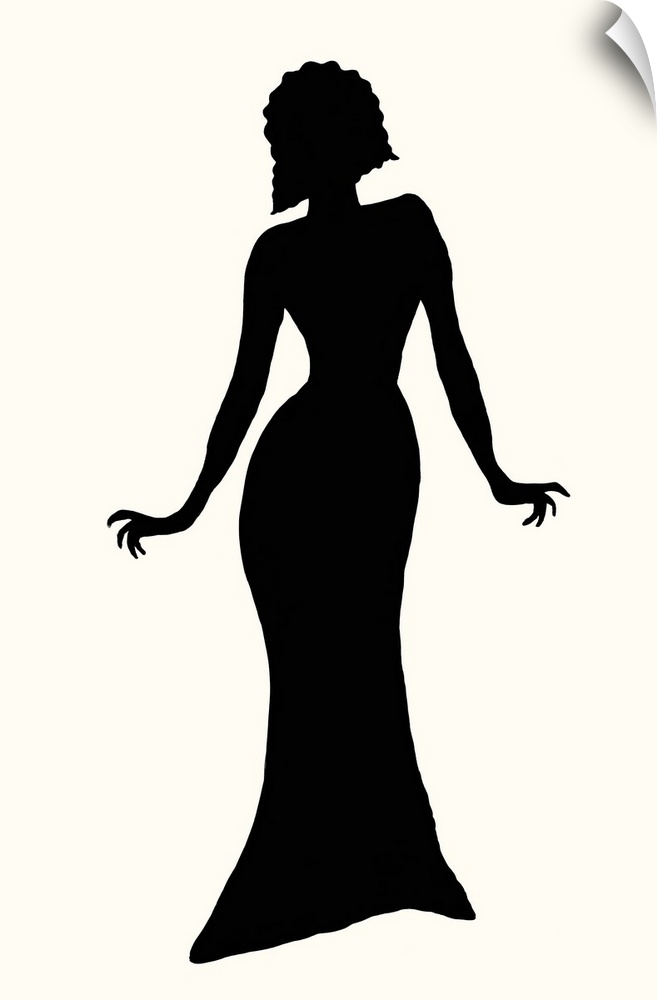 Black silhouette of a female fashion model on a white background.