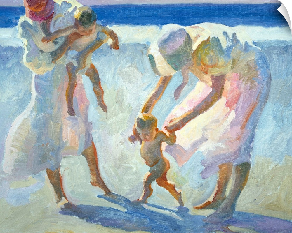 A contemporary painting two women wearing white dresses and holding young children while on a beach.