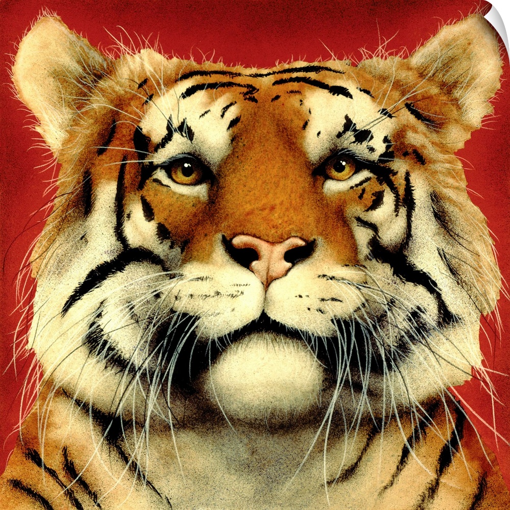 Contemporary artwork of a tiger portrait against a red background.
