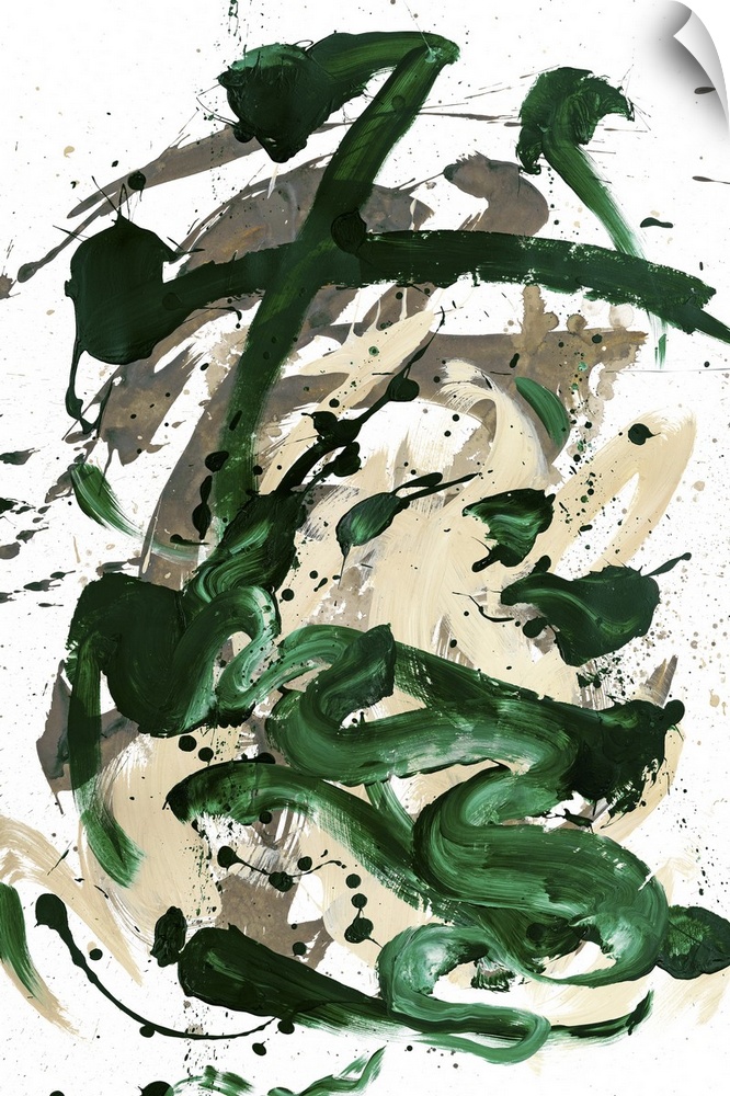 Busy abstract painting created with bold, sporadic lines in dark green and shades of beige hues on a white background.