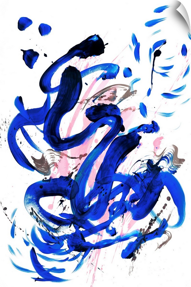 Busy abstract painting created with bold, sporadic lines in royal blue and pink hues with a hint of black on a white backg...