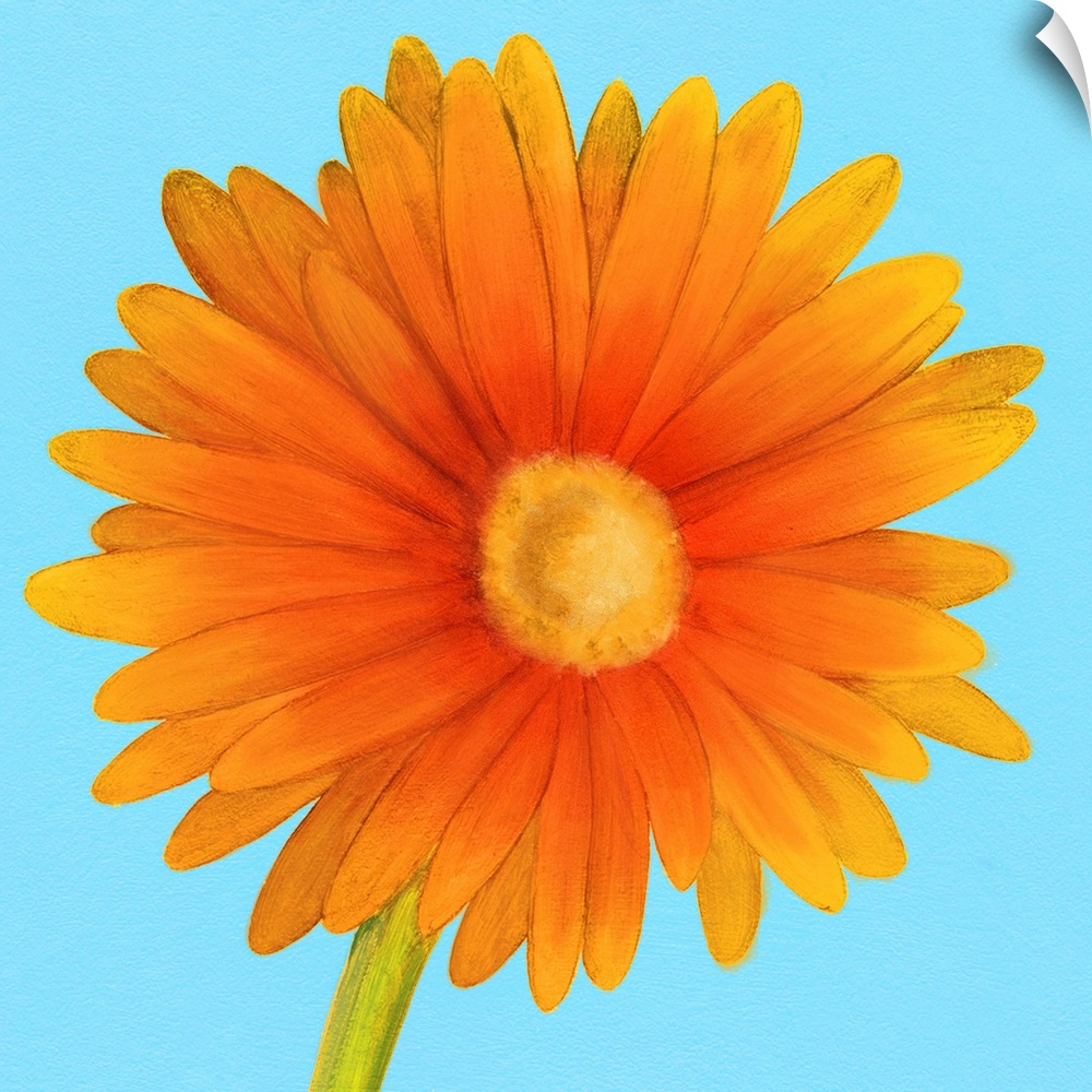 A contemporary painting of a close-up of an orange flower against a blue background.