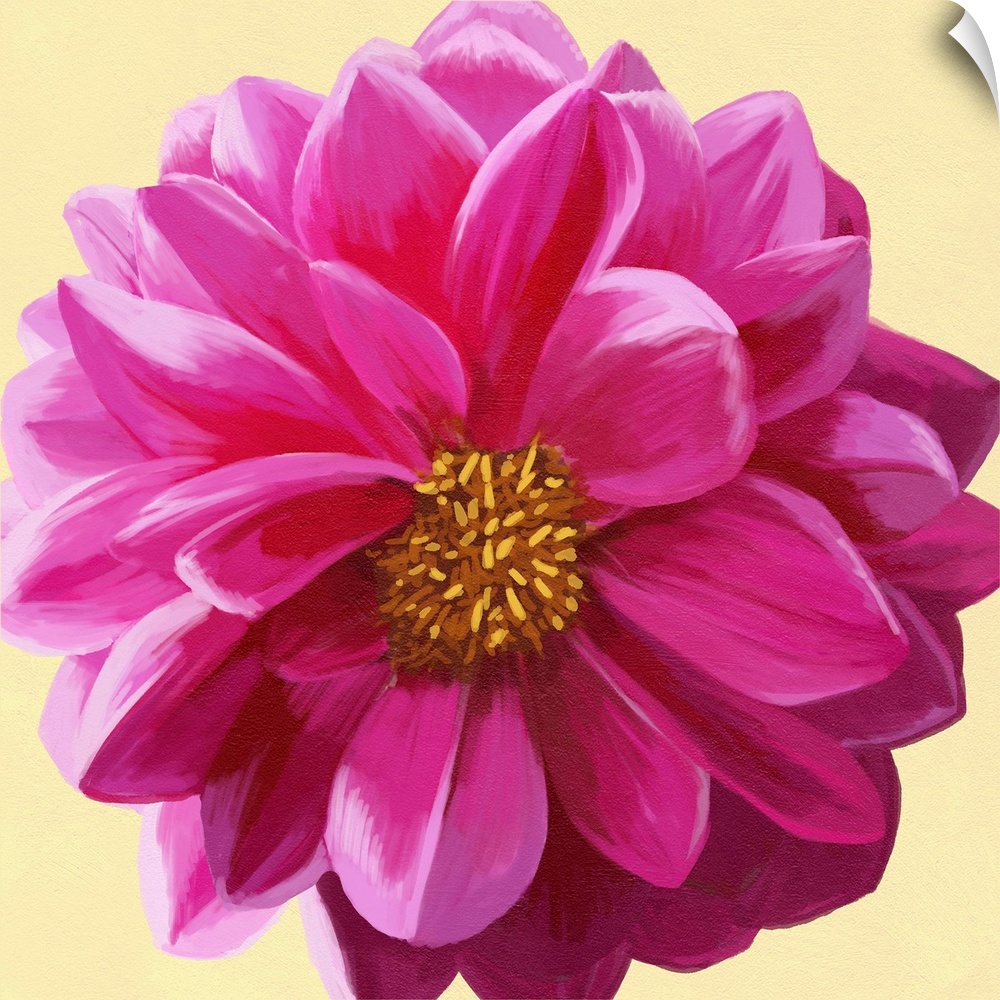 A contemporary painting of a close-up of a pink flower against a yellow background.
