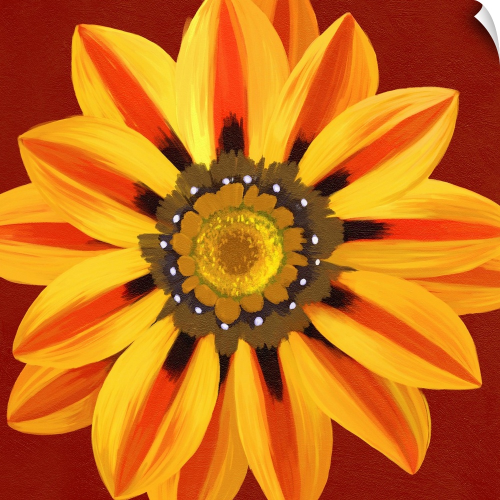 A contemporary painting of a close-up of an orange and yellow flower against a brown background.