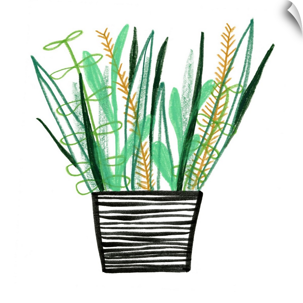 Illustration of a patterned flower pot holding flowers with green leaves.