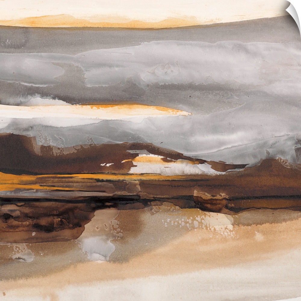 Square abstract painting of a landscape created with wavy brushstrokes in shades of brown and grey.