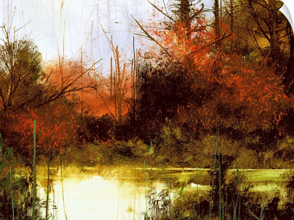 Contemporary landscape painting of a forest created with deep red and green hues.