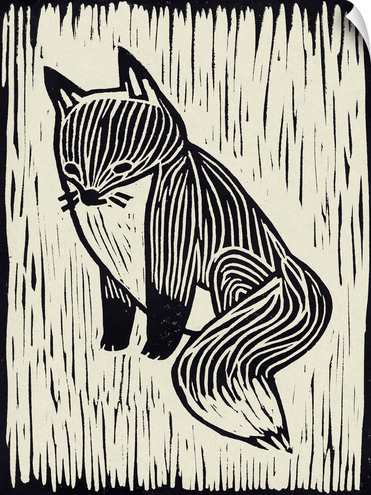 Cute linocut print illustration of a fox.
