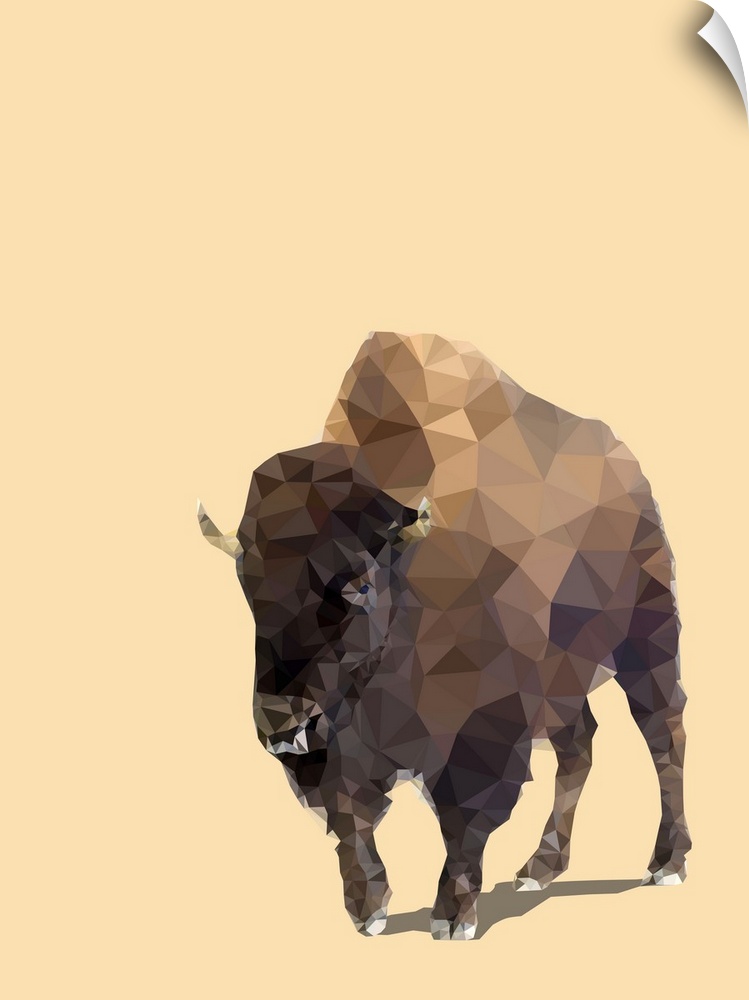 Illustration of a bison created using geometric shapes on a pale orange background