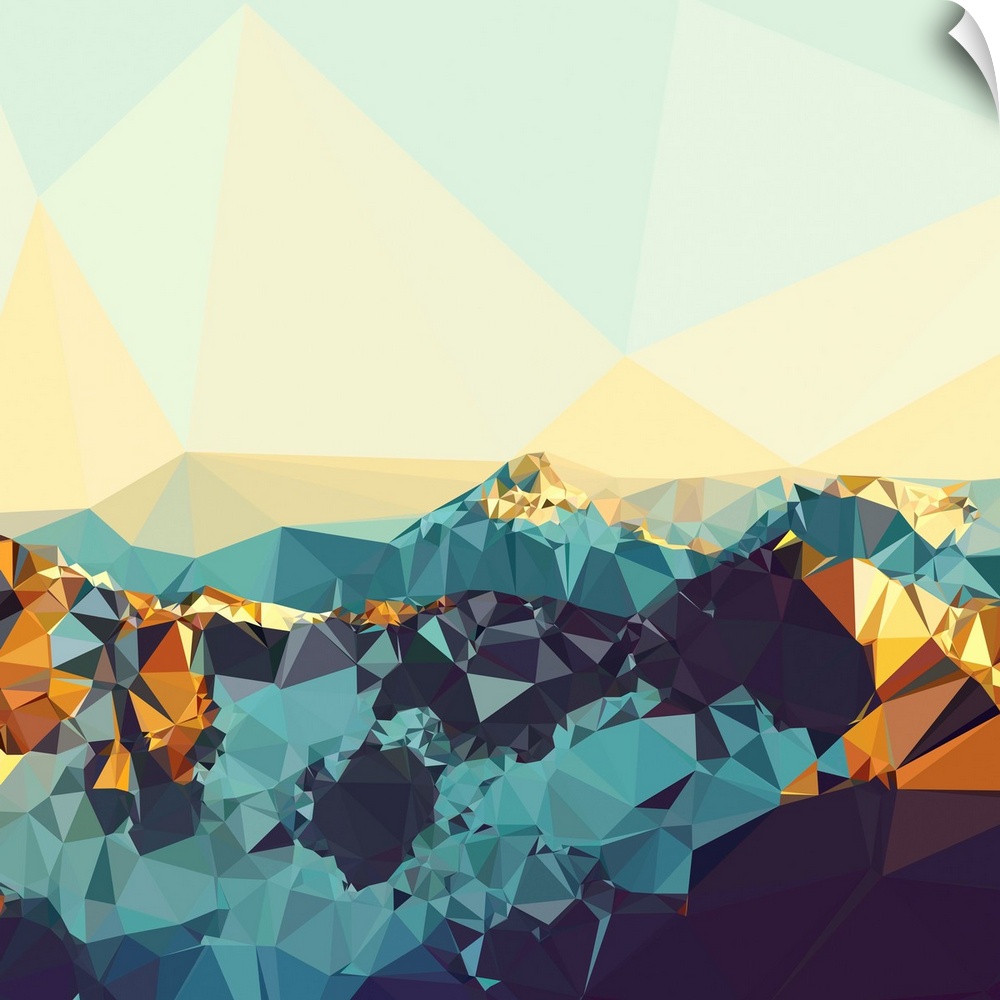 Mountain range in golden sunlight made of triangular shapes.