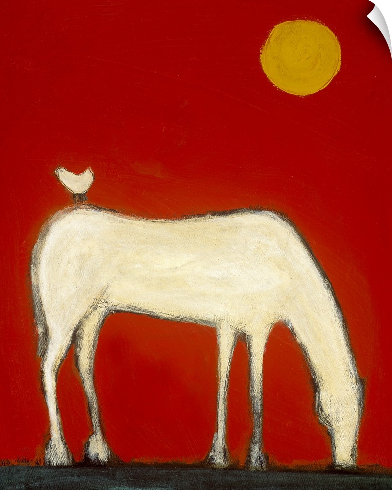 A large vertical contemporary painting of a white horse leaning over to eat with a small white bird standing on it's back.