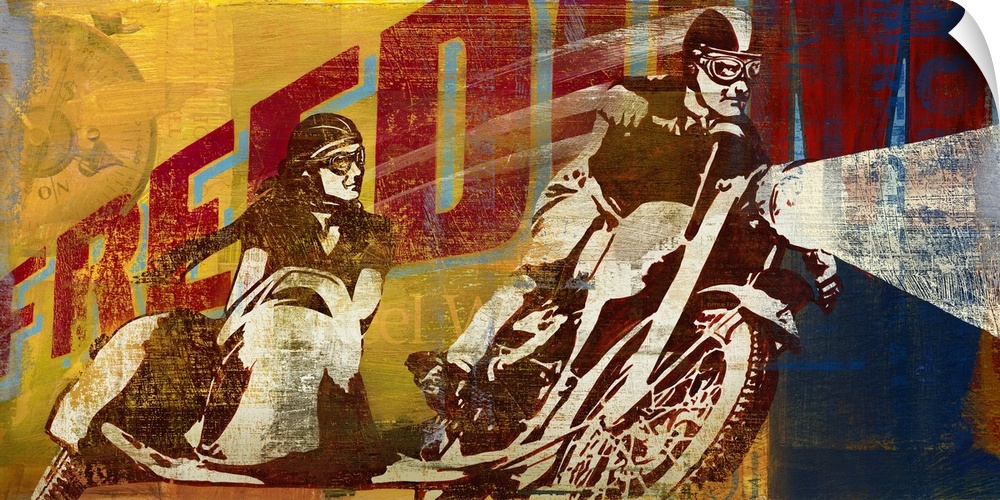 Retro artwork of a motorcyclist taking a turn with the word "Freedom" printed behind him.
