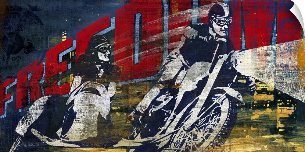 Panoramic of two riders on vintage motorcycles at night with the text "Freedom" behind them.