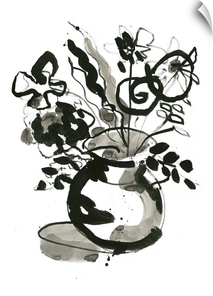 Black and white watercolor painting of arranged flowers on a table.