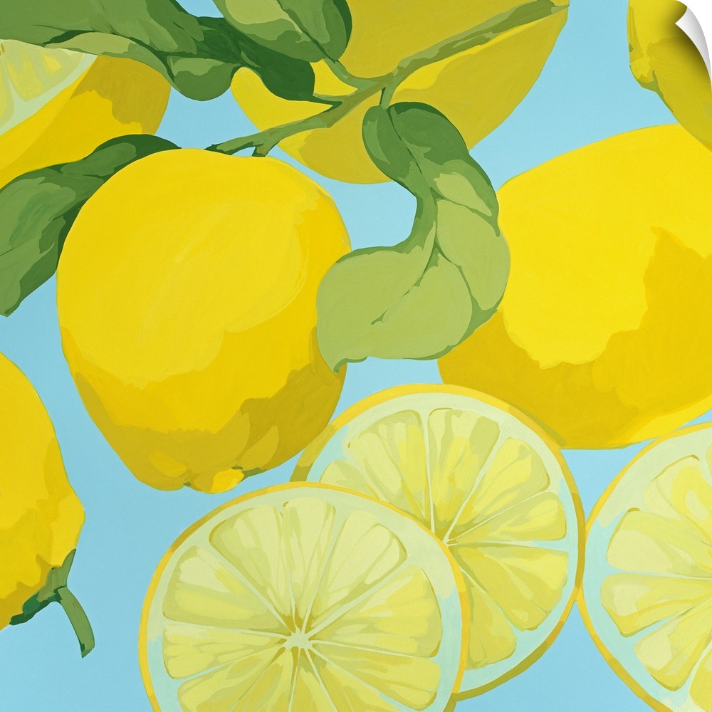 Square canvas painting of lemons on a pastel background.
