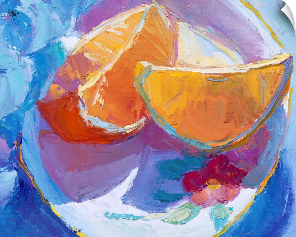 A contemporary painting of orange slices sitting on a plate.