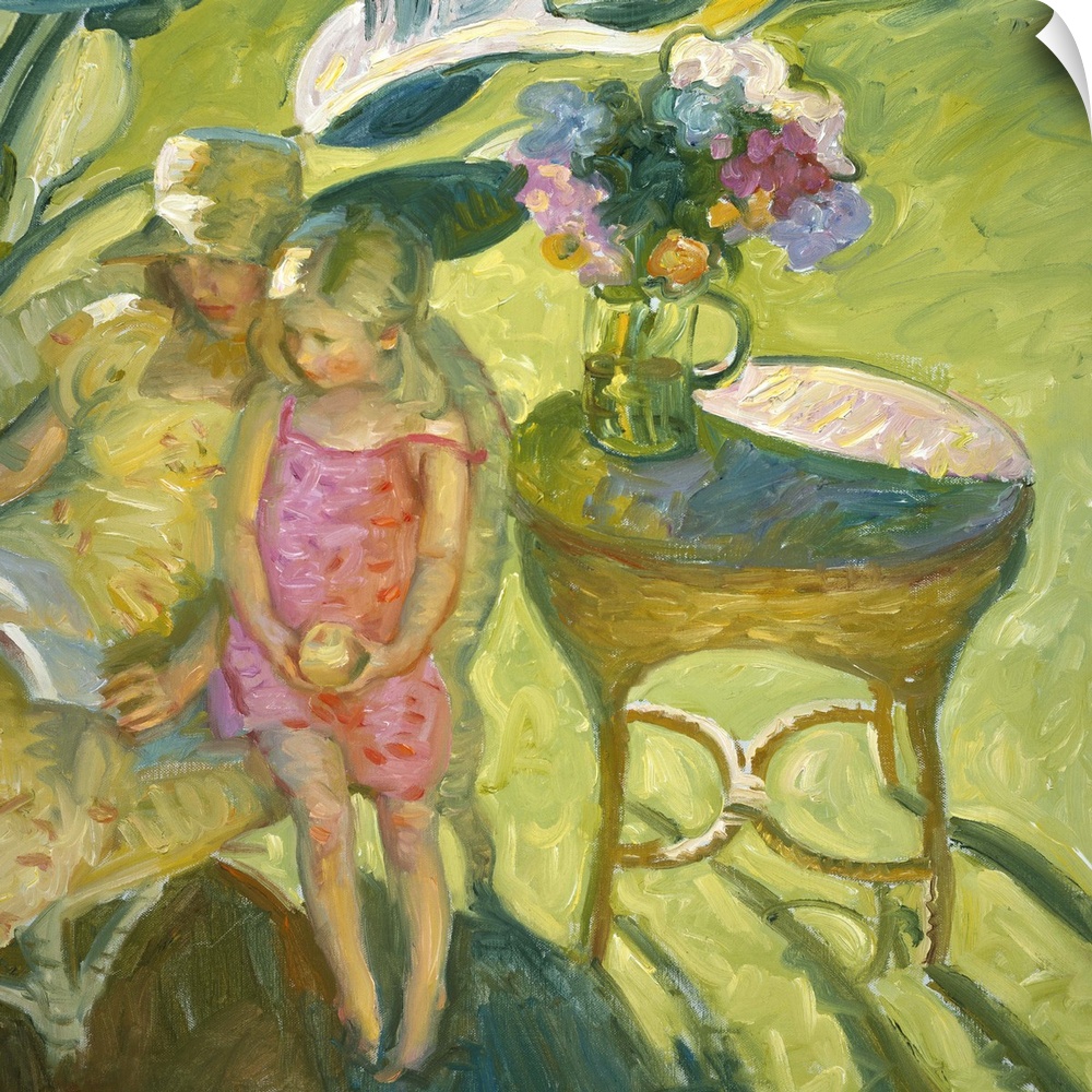 A contemporary painting mother reading to her daughter outdoors in a garden.