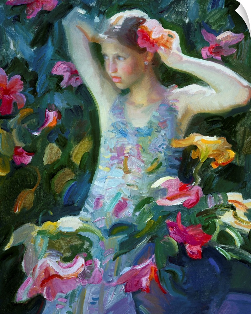 A contemporary painting of a young girl standing by a flowering bush and putting a flower in her hair.