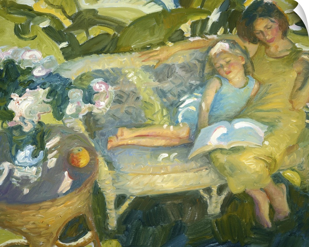 A contemporary painting of a mother and daughter sitting together and reading in a garden.